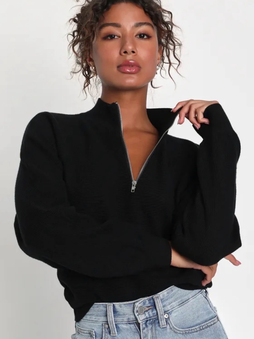 Lulu's Black Half-Zip Cowl Neck Sweater
